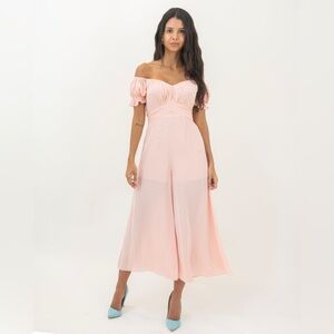 EDITE MODE Salmon Rose‎ Jumpsuit Elegant Off Shoulder Silky Wide Romper size XS